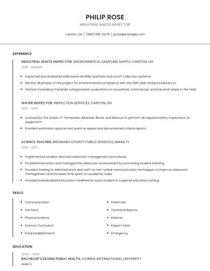 Industrial Waste Inspector Resume