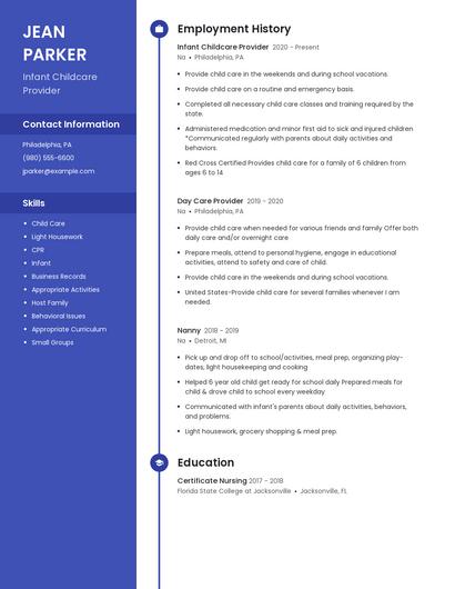 Infant Childcare Provider Resume