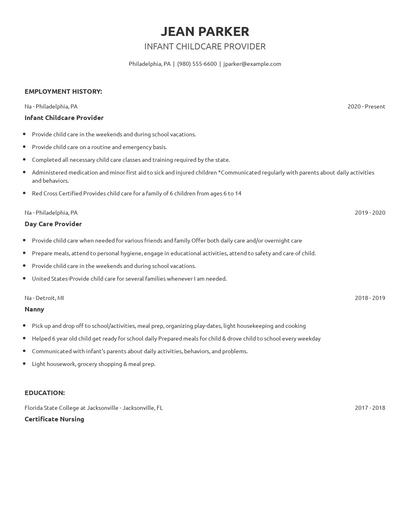 Infant Childcare Provider Resume