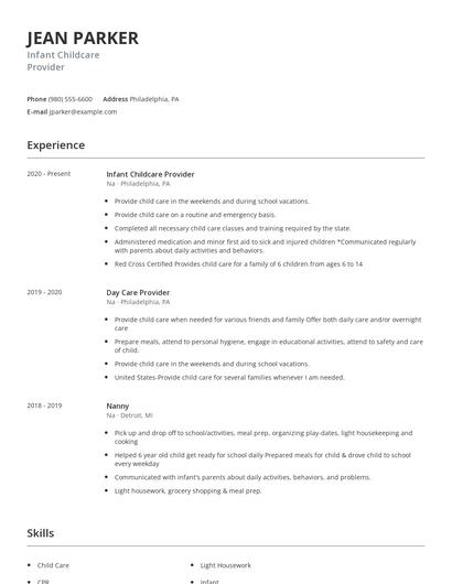 Infant Childcare Provider Resume