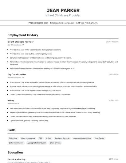 Infant Childcare Provider Resume