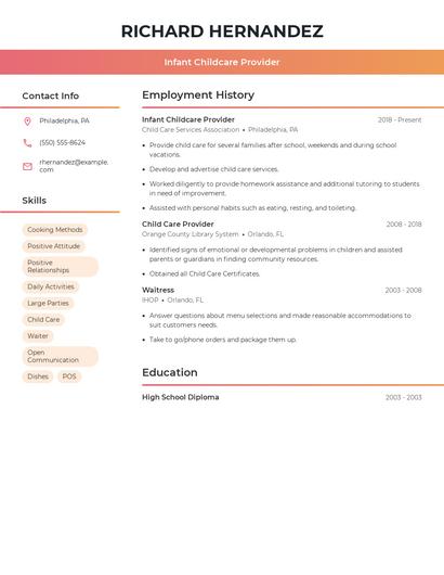 Infant Childcare Provider Resume