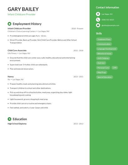 Infant Childcare Provider Resume