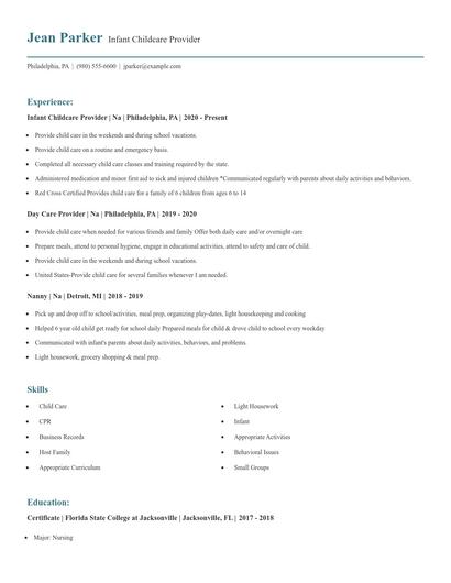 Infant Childcare Provider Resume