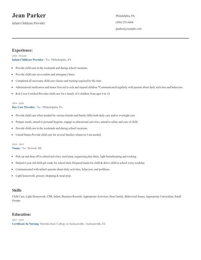Infant Childcare Provider Resume