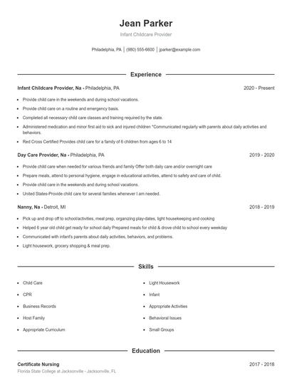 Infant Childcare Provider Resume