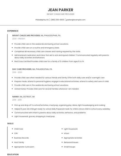 Infant Childcare Provider Resume