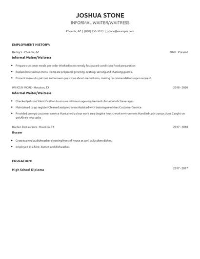 Informal Waiter/Waitress Resume