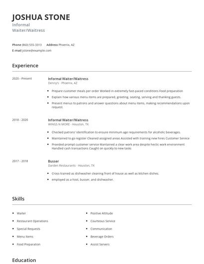 Informal Waiter/Waitress Resume