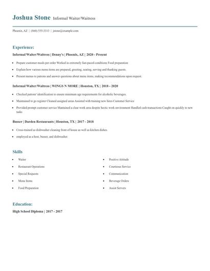 Informal Waiter/Waitress Resume