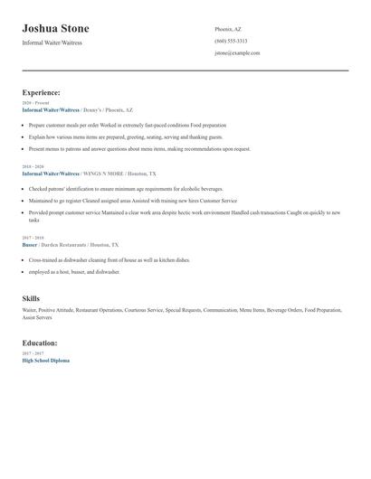 Informal Waiter/Waitress Resume