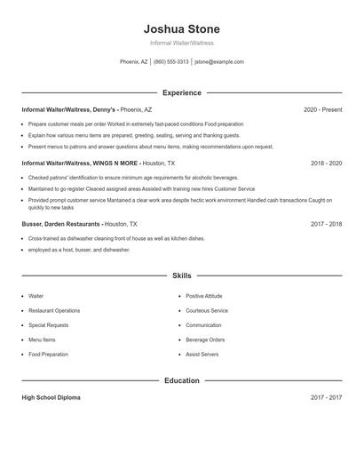 Informal Waiter/Waitress Resume