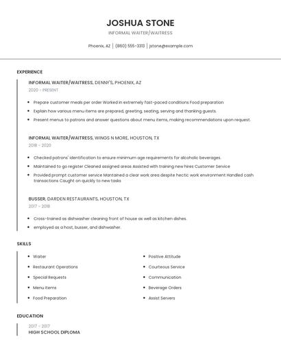 Informal Waiter/Waitress Resume