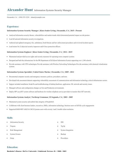 Information Systems Security Manager Resume