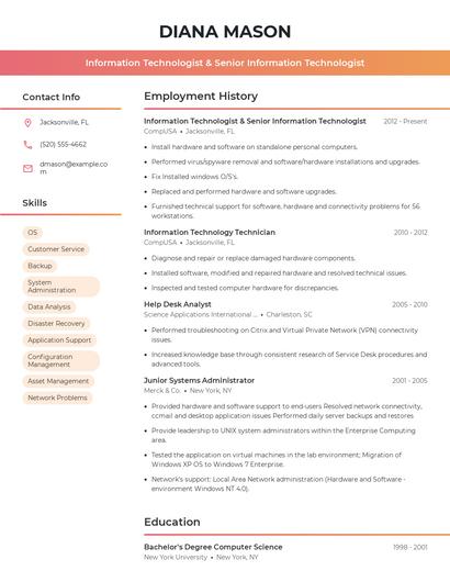 Information Technologist & Senior Information Technologist Resume