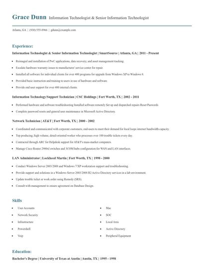 Information Technologist & Senior Information Technologist Resume