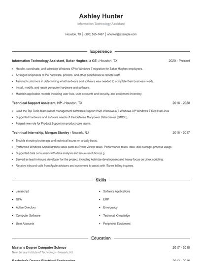 Information Technology Assistant Resume