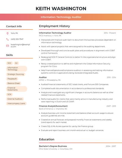 Information Technology Auditor Resume