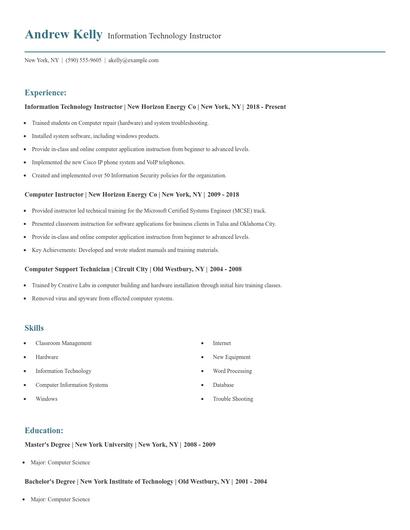 Information Technology Instructor Resume