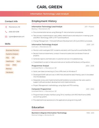 Information Technology Lead Analyst Resume