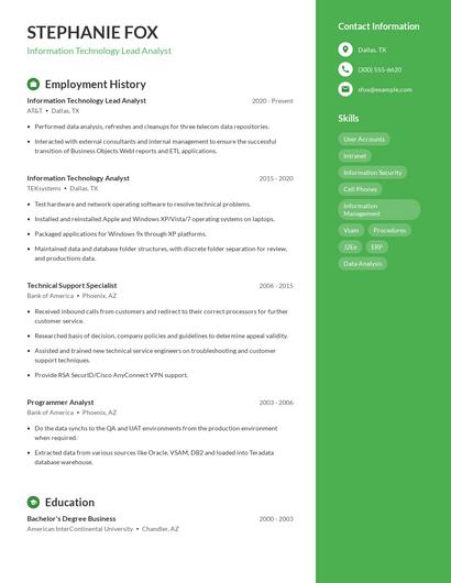 Information Technology Lead Analyst Resume