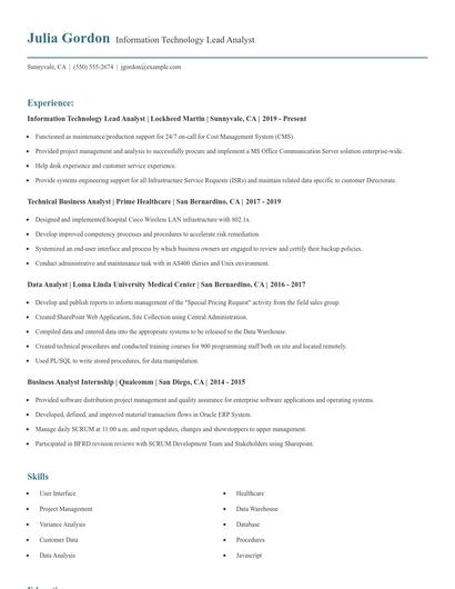Information Technology Lead Analyst Resume