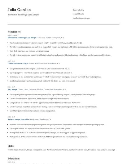 Information Technology Lead Analyst Resume