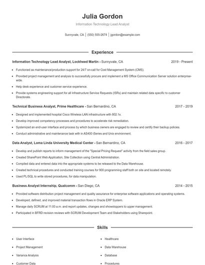 Information Technology Lead Analyst Resume