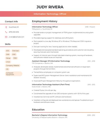 Information Technology Officer Resume