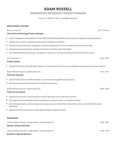 Information Technology Project Manager Resume