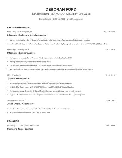 Information Technology Security Manager Resume