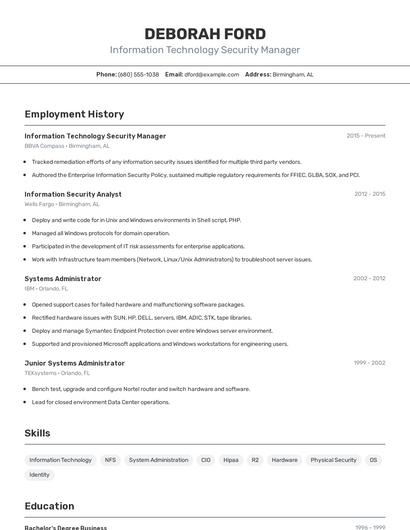 Information Technology Security Manager Resume