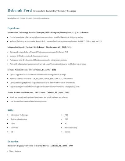 Information Technology Security Manager Resume