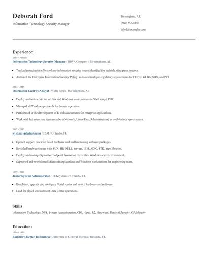 Information Technology Security Manager Resume