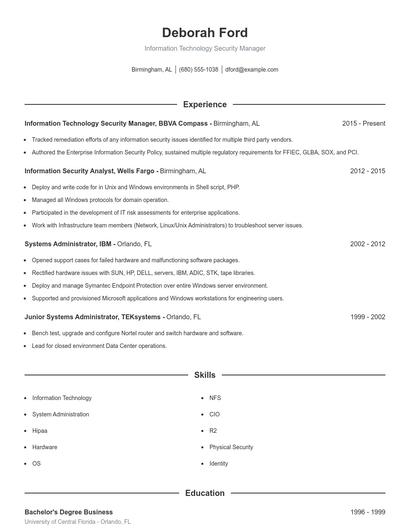Information Technology Security Manager Resume