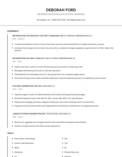 Information Technology Security Manager Resume