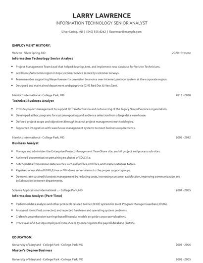Information Technology Senior Analyst Resume