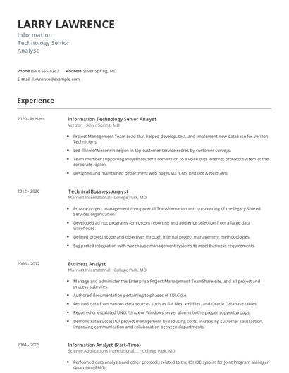 Information Technology Senior Analyst Resume