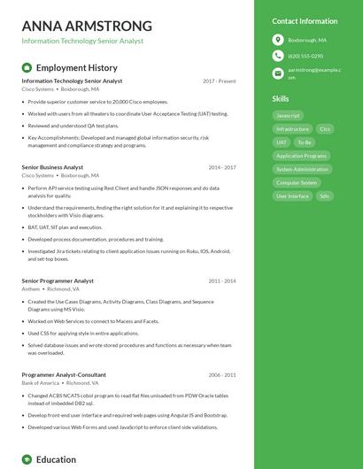 Information Technology Senior Analyst Resume