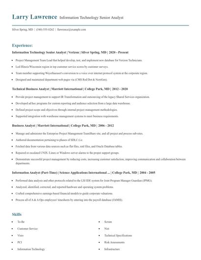 Information Technology Senior Analyst Resume
