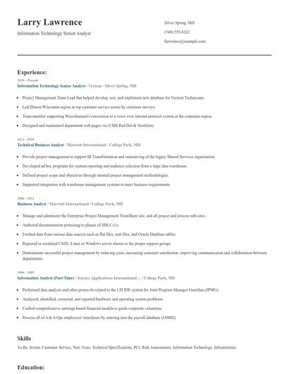 Information Technology Senior Analyst Resume
