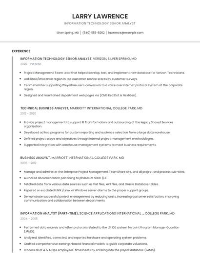 Information Technology Senior Analyst Resume