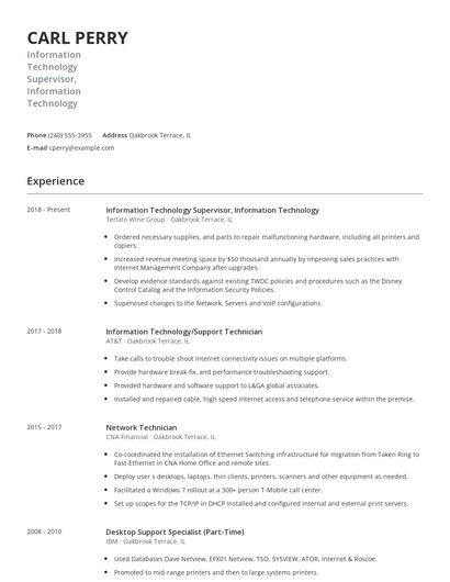 Information Technology Supervisor, Information Technology Resume