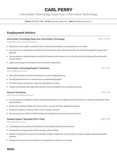 Information Technology Supervisor, Information Technology Resume