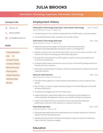 Information Technology Supervisor, Information Technology Resume