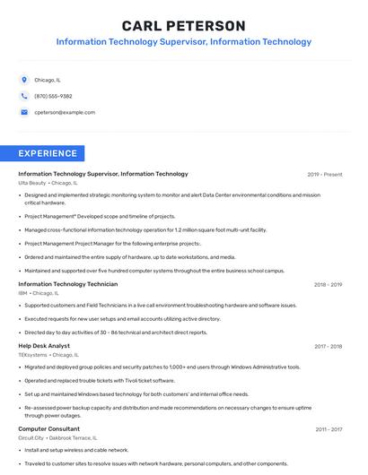 Information Technology Supervisor, Information Technology Resume