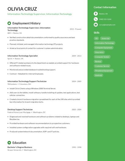 Information Technology Supervisor, Information Technology Resume