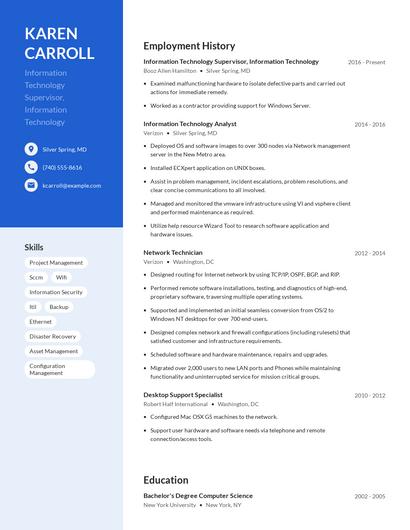 Information Technology Supervisor, Information Technology Resume