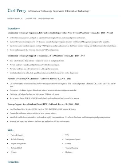 Information Technology Supervisor, Information Technology Resume