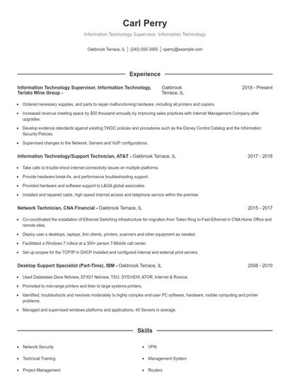 Information Technology Supervisor, Information Technology Resume